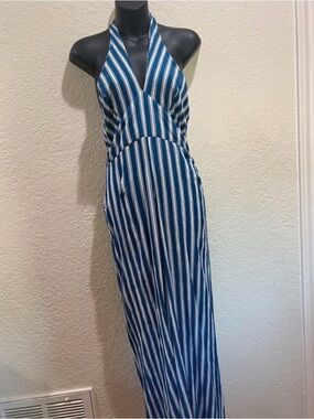 Blue and White Striped Halter Romper